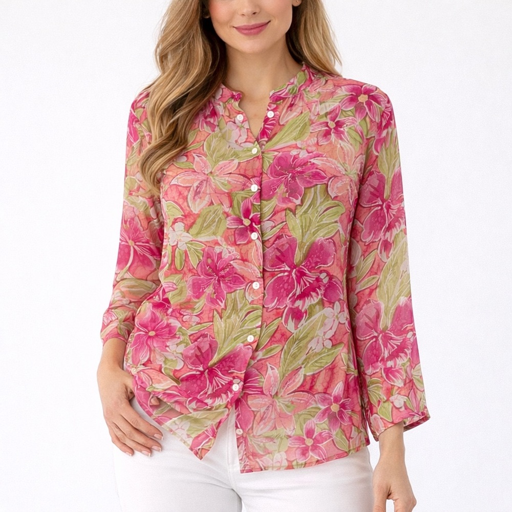 Vintage Y2K Laura Ashley 100% Silk Blouse Pink Green Floral Sheer Boho 1X
